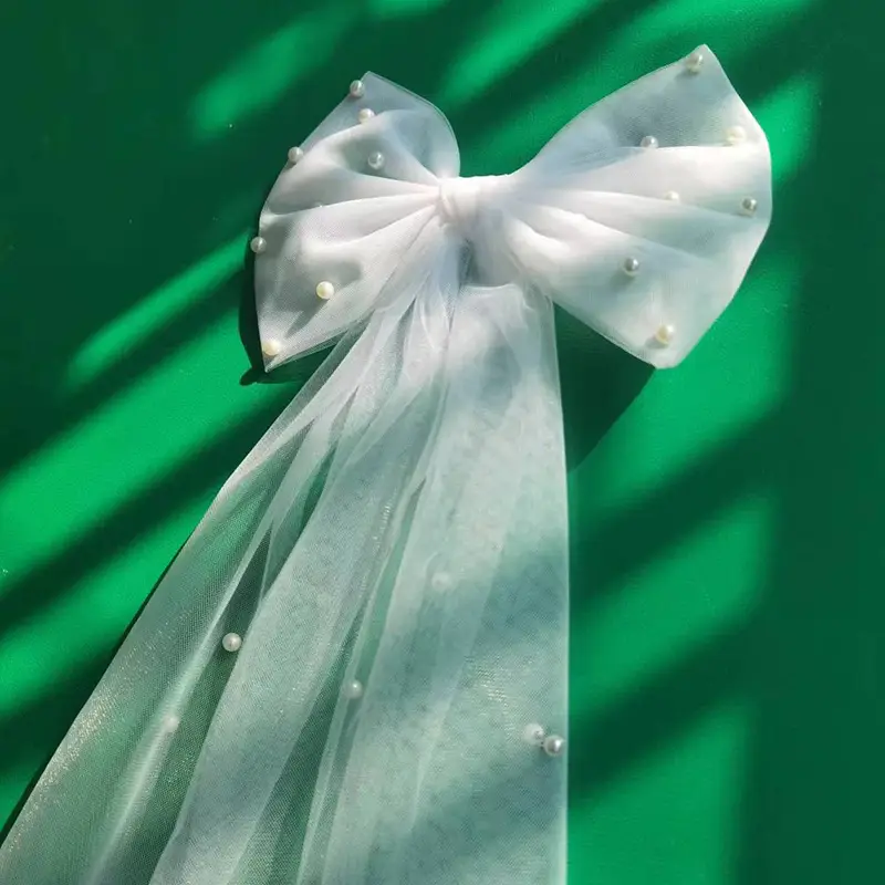 White Bow Veil Headdress for Bridal Women - Image 3