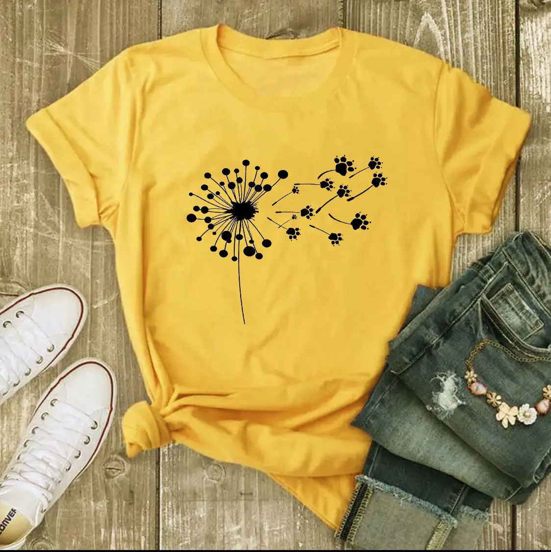Yellow Dandelion Print T-Shirt for Women