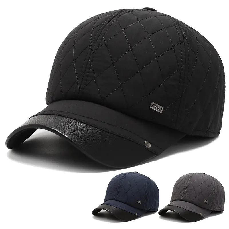 Men's Black Quilted Winter Baseball Cap with Ear Flaps