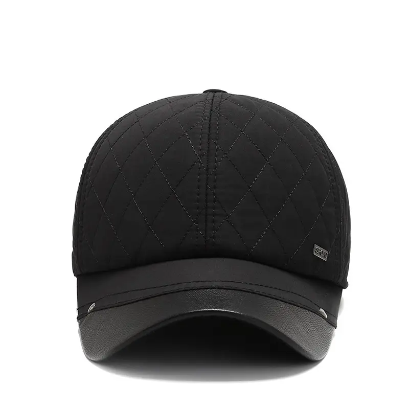 Men's Black Quilted Winter Baseball Cap with Ear Flaps - Image 5