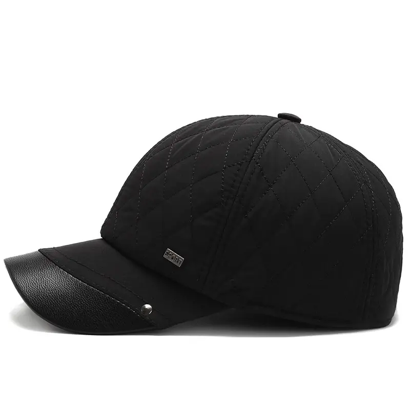 Men's Black Quilted Winter Baseball Cap with Ear Flaps - Image 6