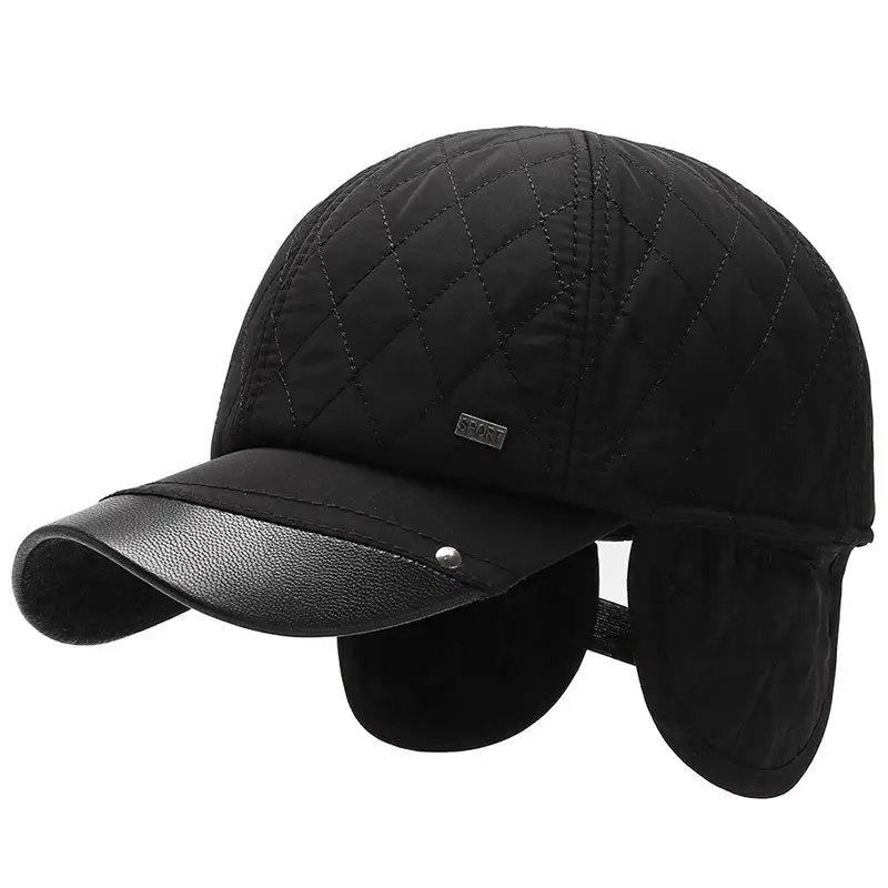 Men's Black Quilted Winter Baseball Cap with Ear Flaps - Image 7