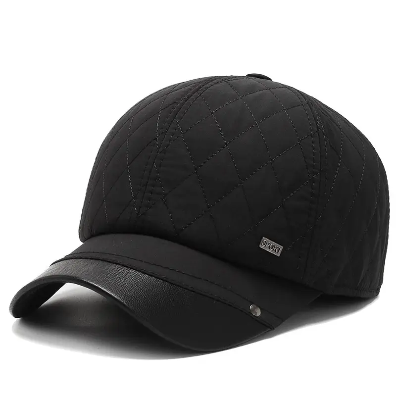 Men's Black Quilted Winter Baseball Cap with Ear Flaps - Image 2