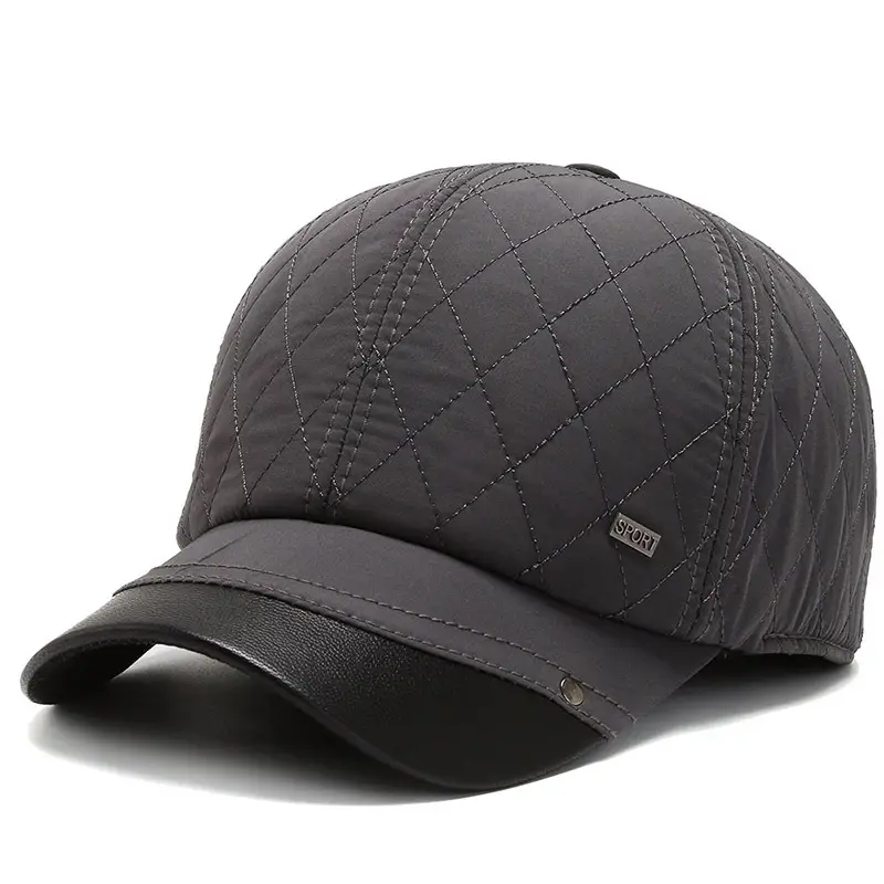 Men's Black Quilted Winter Baseball Cap with Ear Flaps - Image 3