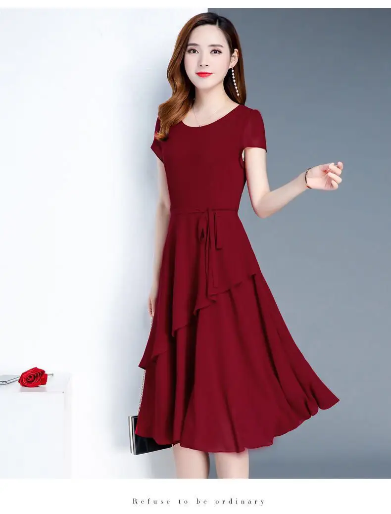 2023 Korean Style Women's Maroon A-Line Skirt Dress — feature 15