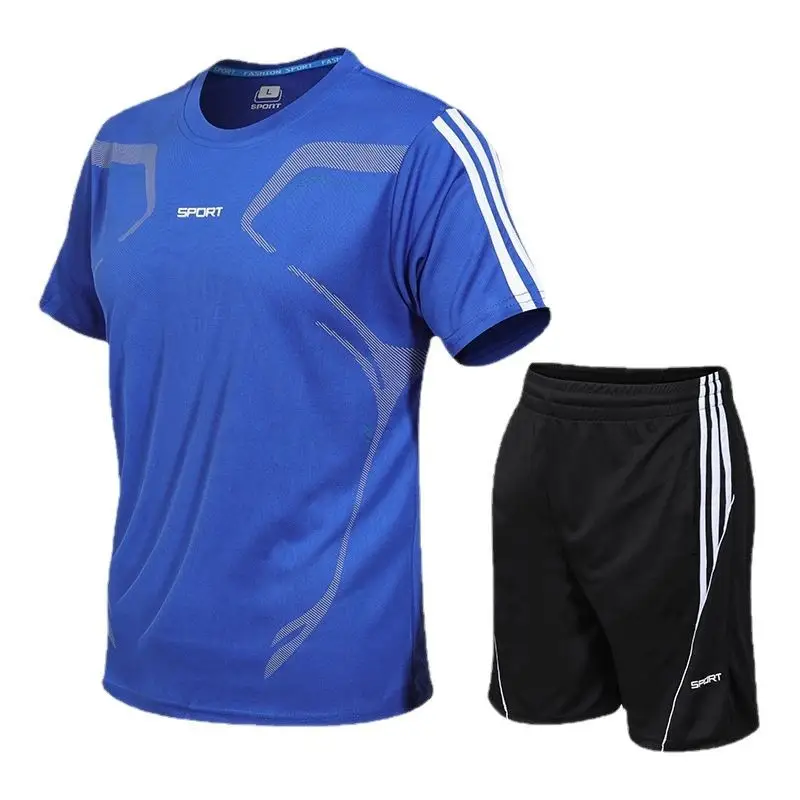 Men Blue Gray Sports Suit Quick Dry Shorts Set - Image 11