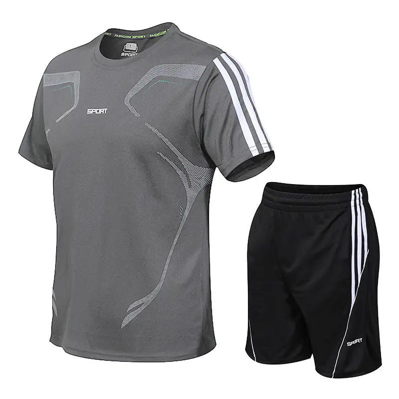 Men Blue Gray Sports Suit Quick Dry Shorts Set - Image 3