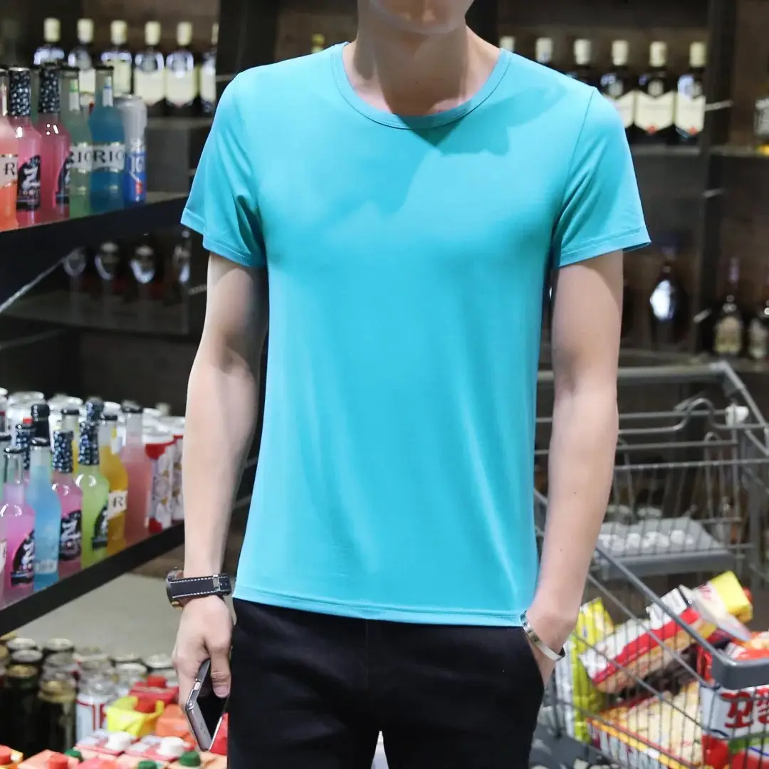 Men Black Cotton Slim Fit T-Shirt Short Sleeve Round Neck - Image 19