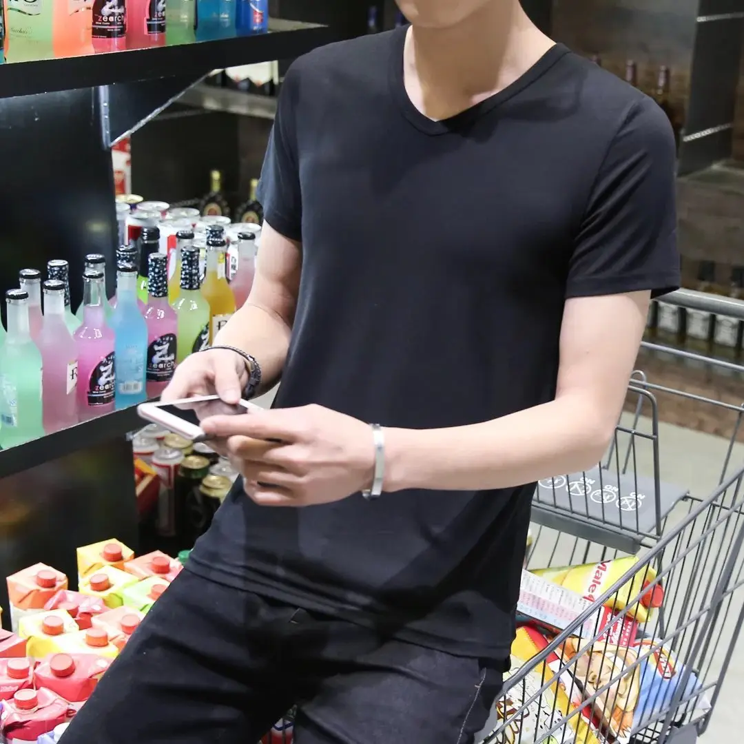 Men Black Cotton Slim Fit T-Shirt Short Sleeve Round Neck - Image 21