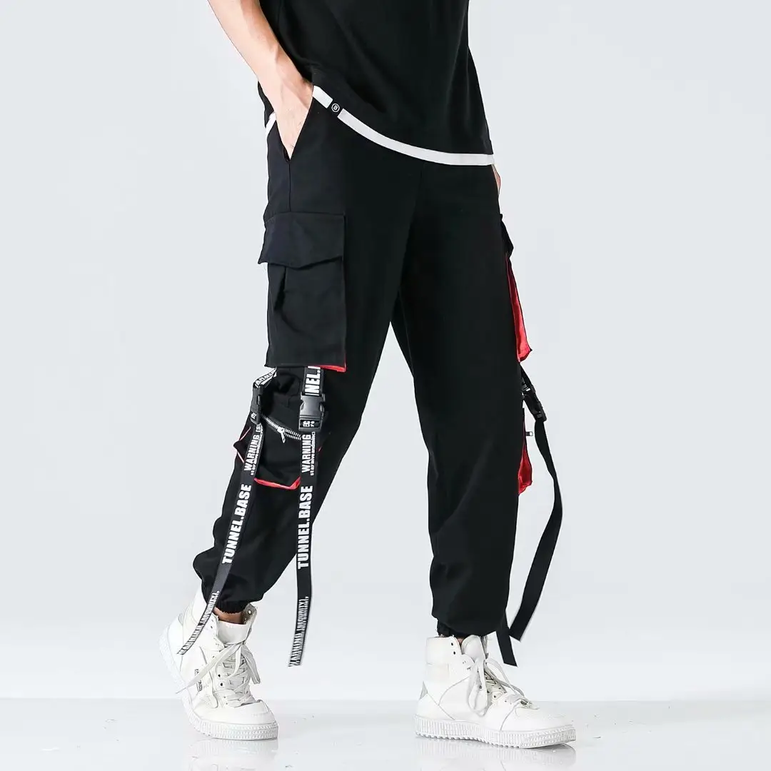 Men's Black Korean Style Ankle Pants with Red Accents