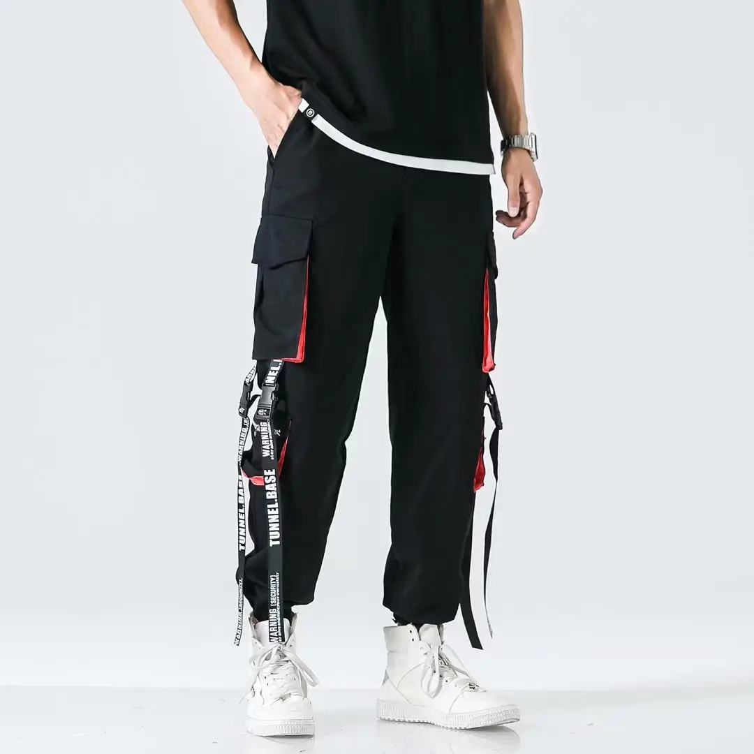 Men's Black Korean Style Ankle Pants with Red Accents