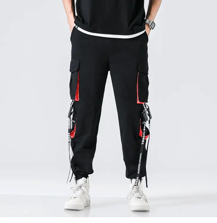 Men's Black Korean Style Ankle Pants with Red Accents