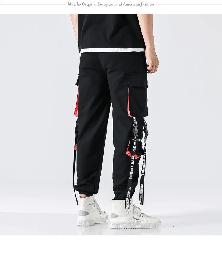 Men's Black Korean Style Ankle Pants with Red Accents