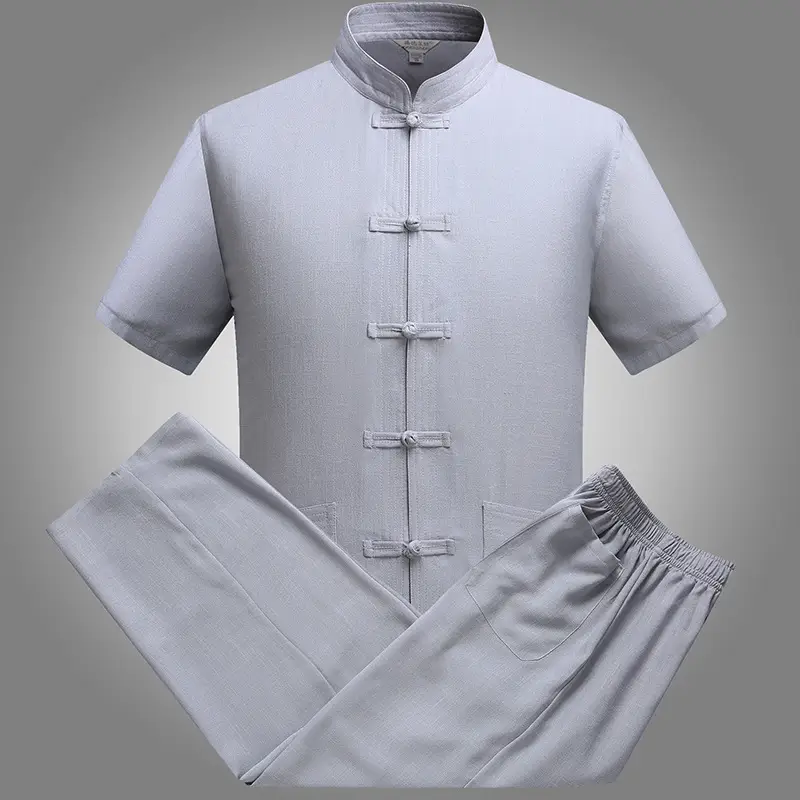Middle-aged Men Navy Blue Tang Suit Cotton Linen Loose Short Sleeve - Image 6