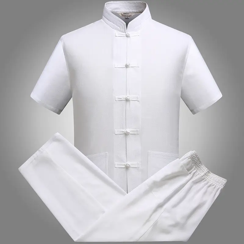 Middle-aged Men Navy Blue Tang Suit Cotton Linen Loose Short Sleeve - Image 8