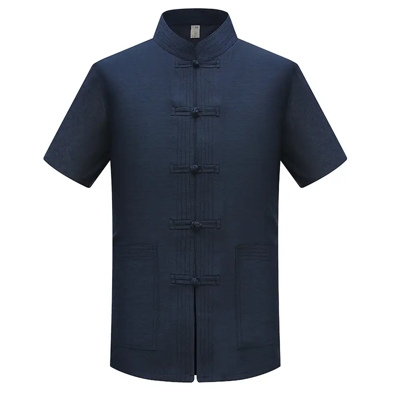 Middle-aged Men Navy Blue Tang Suit Cotton Linen Loose Short Sleeve - Image 9