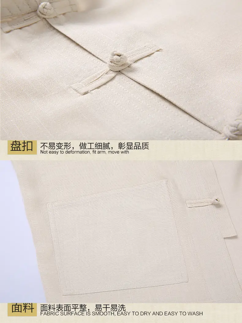Middle-aged Men Navy Blue Tang Suit Cotton Linen Loose Short Sleeve — feature 7