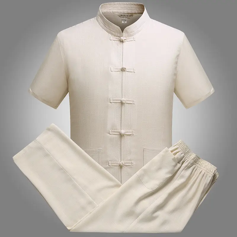 Middle-aged Men Navy Blue Tang Suit Cotton Linen Loose Short Sleeve - Image 3