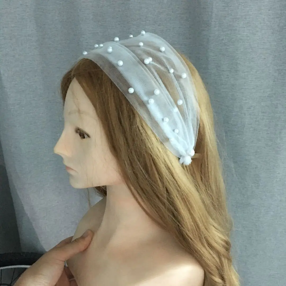 Pearl Beaded Veil Headband for Bridal Wedding Short Hair - Image 3
