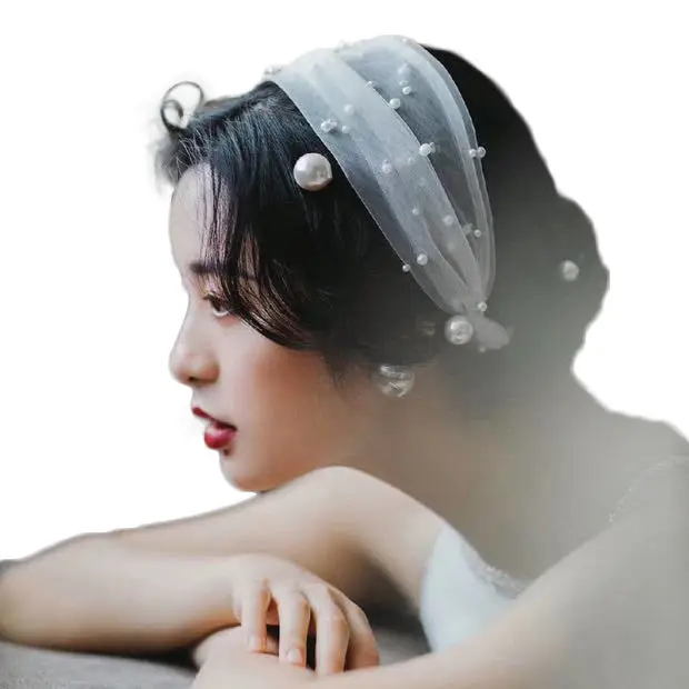 Pearl Beaded Veil Headband for Bridal Wedding Short Hair - Image 6