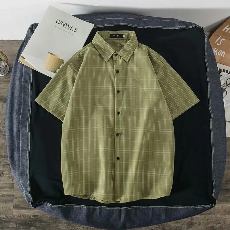 Men's Green Plaid Short Sleeve Shirt Jacket Set - Image 4