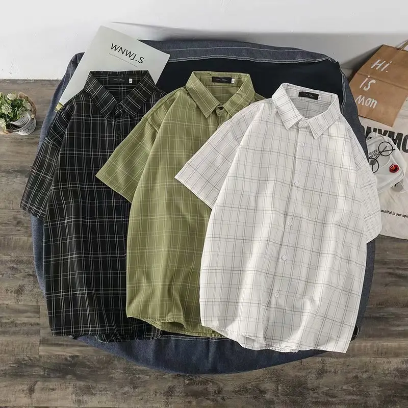 Men's Green Plaid Short Sleeve Shirt Jacket Set - Image 7