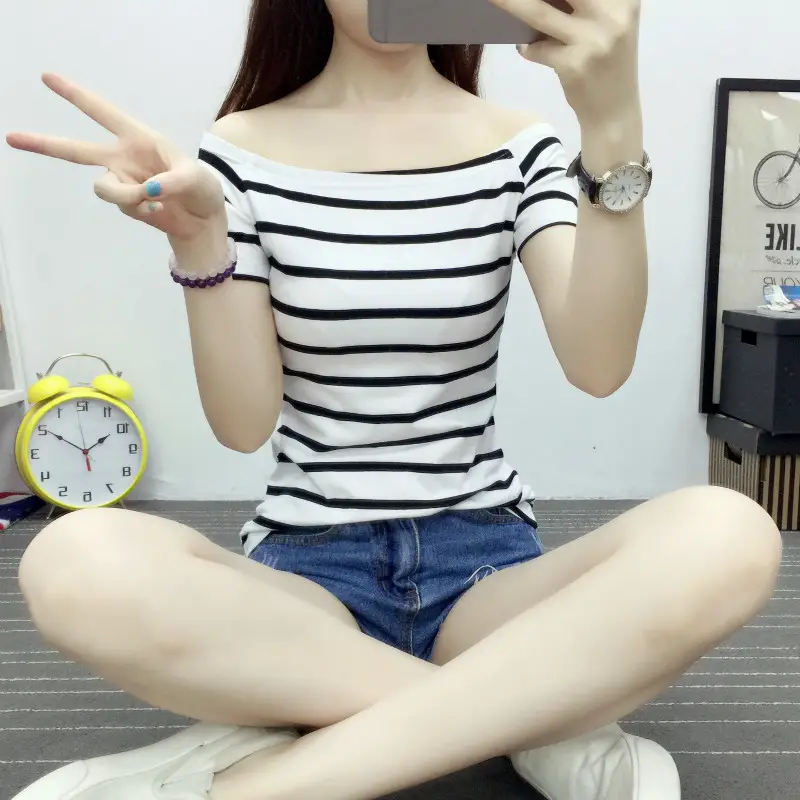 Women Striped T-Shirt Short Sleeve Red Blue Striped