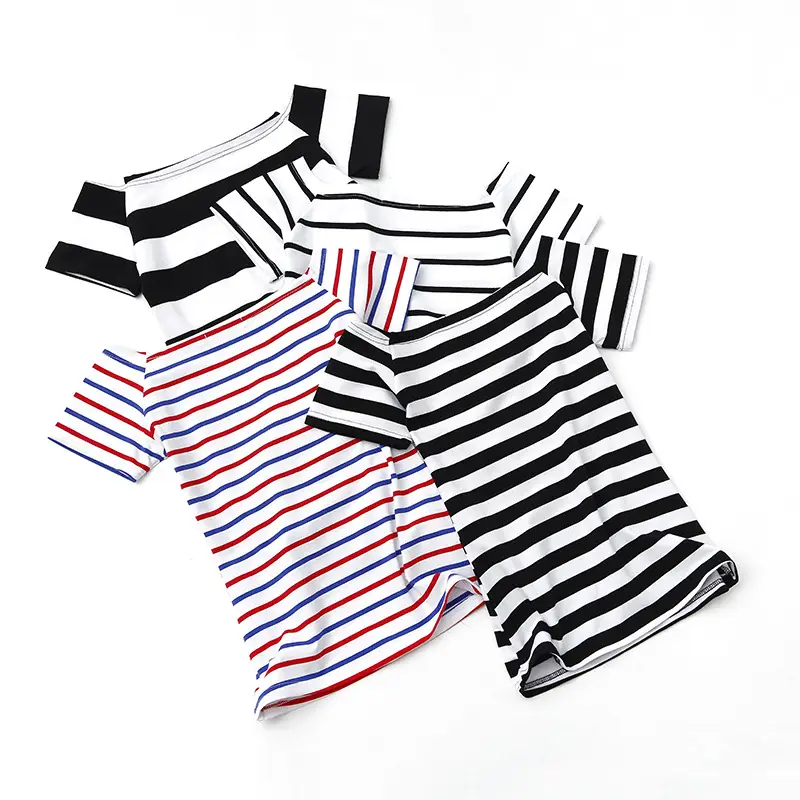 Women Striped T-Shirt Short Sleeve Red Blue Striped