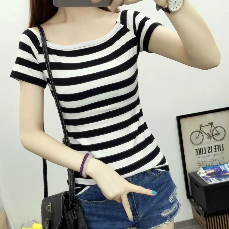 Women Striped T-Shirt Short Sleeve Red Blue Striped
