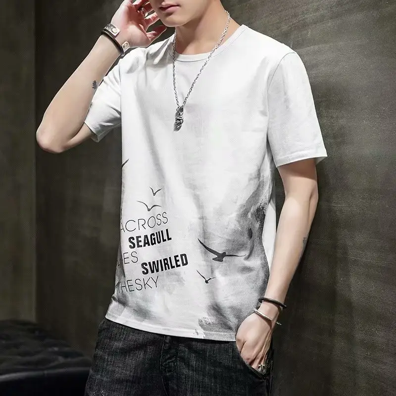 Men Korean Style White T-Shirt Round Neck Summer Loose Fit - Image 8