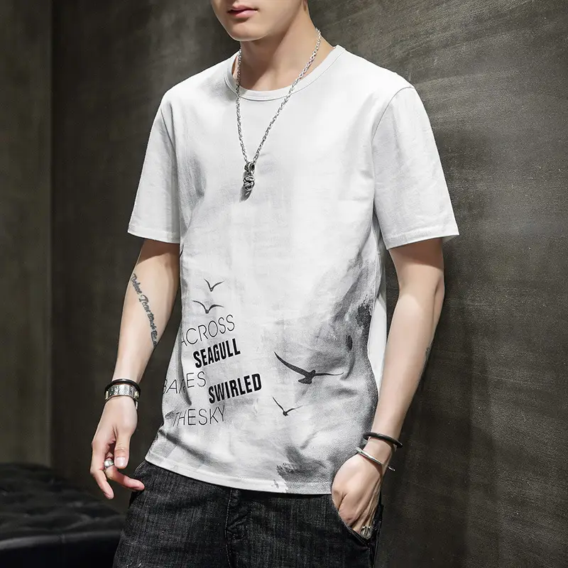 Men Korean Style White T-Shirt Round Neck Summer Loose Fit - Image 10
