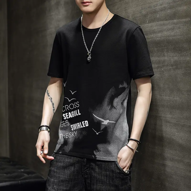 Men Korean Style White T-Shirt Round Neck Summer Loose Fit - Image 3