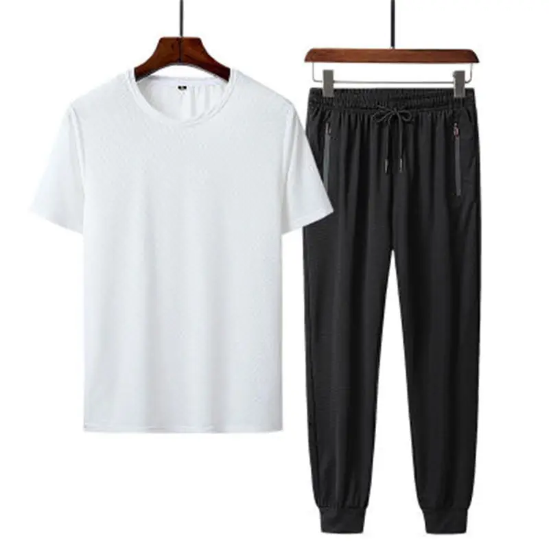 Summer sportswear casual suit men's slim-fit Ice Silk short-sleeved T-shirt thin plus size 5XL quick-drying men's cropped pants
