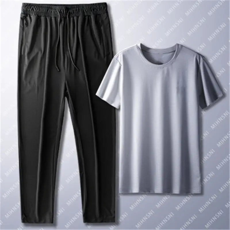 Summer sportswear casual suit men's slim-fit Ice Silk short-sleeved T-shirt thin plus size 5XL quick-drying men's cropped pants