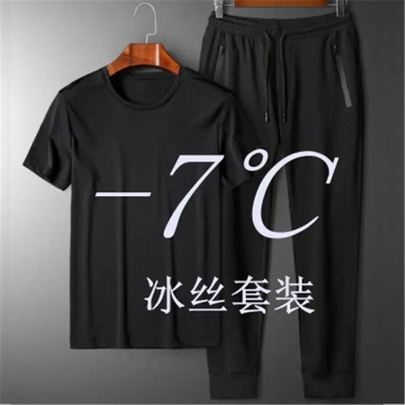 Summer sportswear casual suit men's slim-fit Ice Silk short-sleeved T-shirt thin plus size 5XL quick-drying men's cropped pants