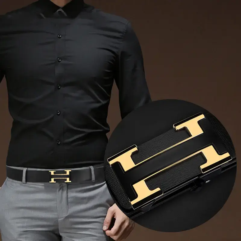 Men's Genuine Leather Automatic Buckle Belt Black - Image 6