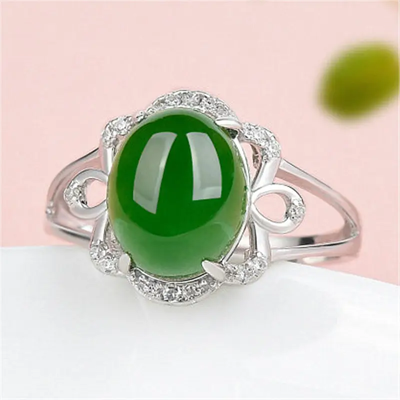Green Jade Egg Face Ring with Crystal Accents