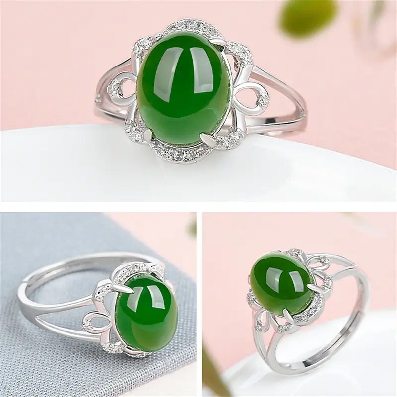 Green Jade Egg Face Ring with Crystal Accents