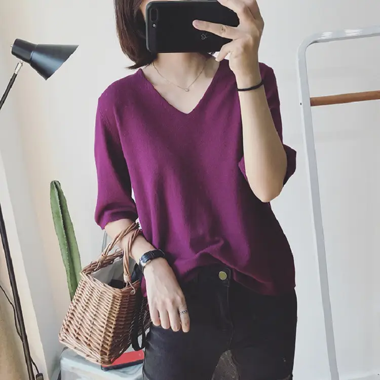 Red V Neck Loose Pullover T-Shirt for Women - Image 11