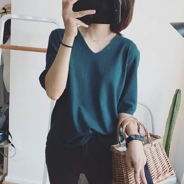 Red V Neck Loose Pullover T-Shirt for Women - Image 13