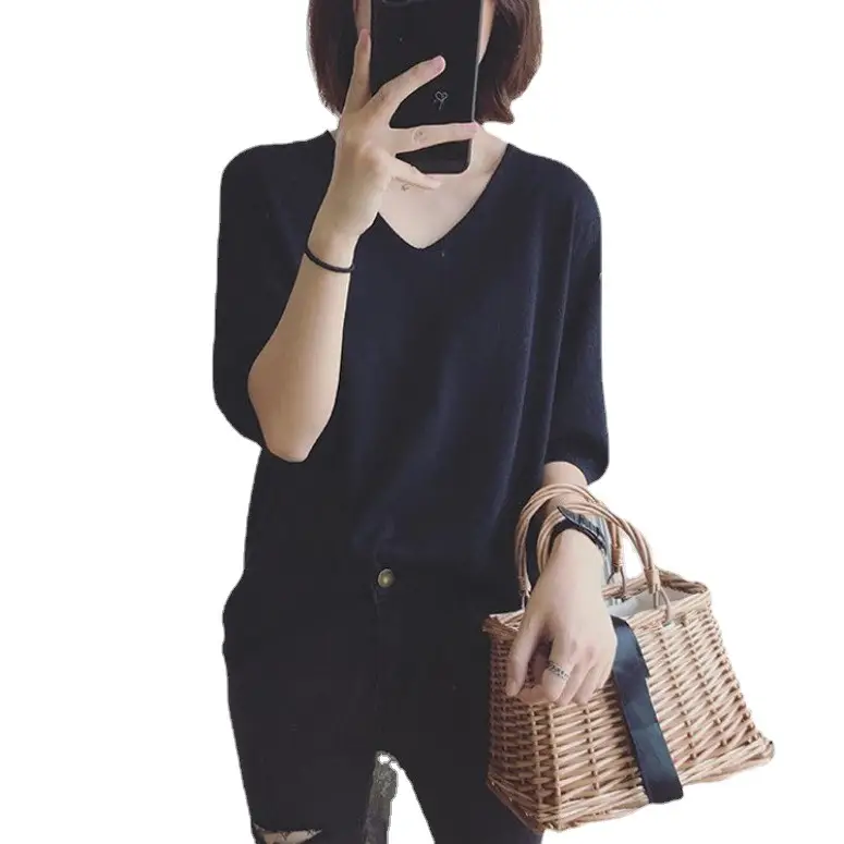 Red V Neck Loose Pullover T-Shirt for Women - Image 15