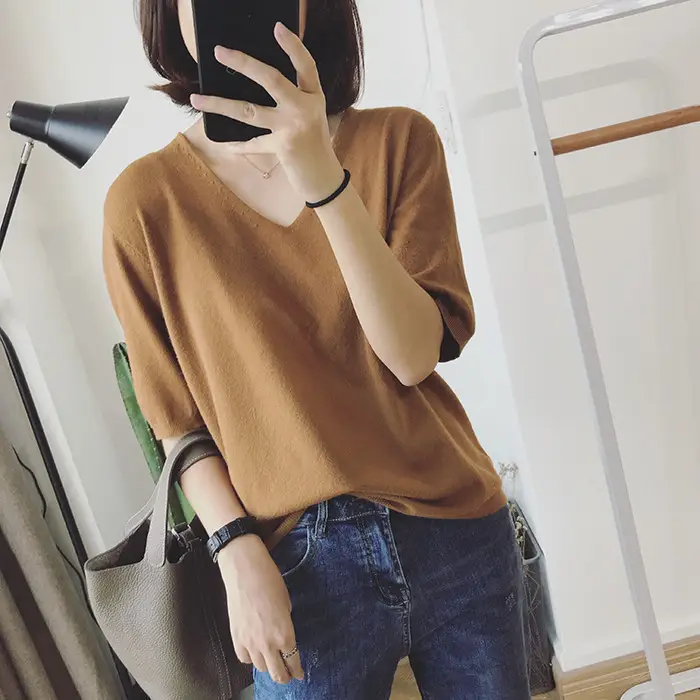 Red V Neck Loose Pullover T-Shirt for Women - Image 10