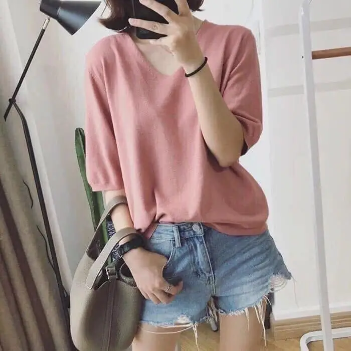 Red V Neck Loose Pullover T-Shirt for Women - Image 8