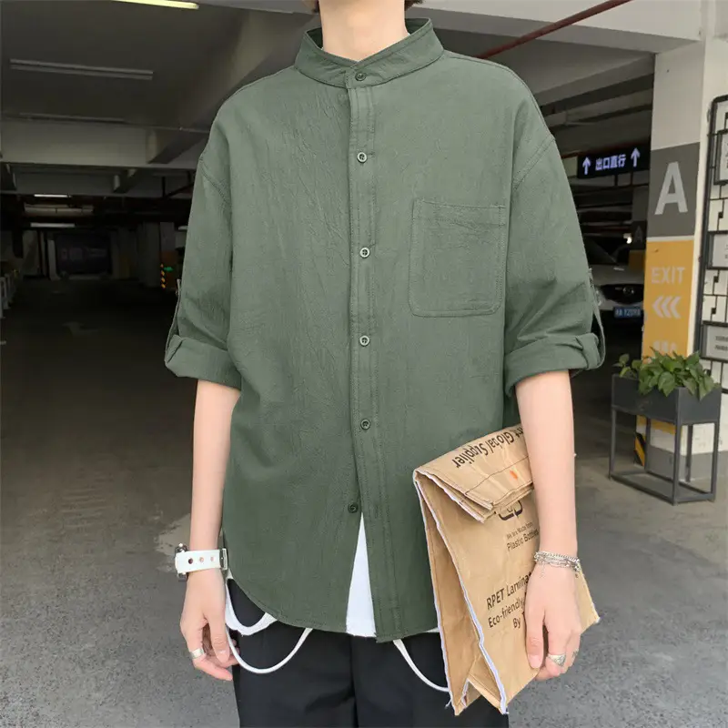 Men Linen Seven-Sleeve Shirt White Loose Casual All-Match - Image 3