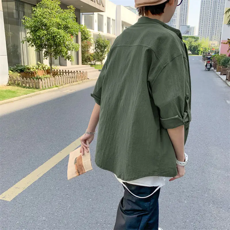 Men Linen Seven-Sleeve Shirt White Loose Casual All-Match - Image 4