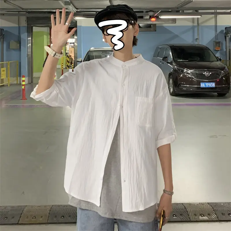 Men Linen Seven-Sleeve Shirt White Loose Casual All-Match - Image 5