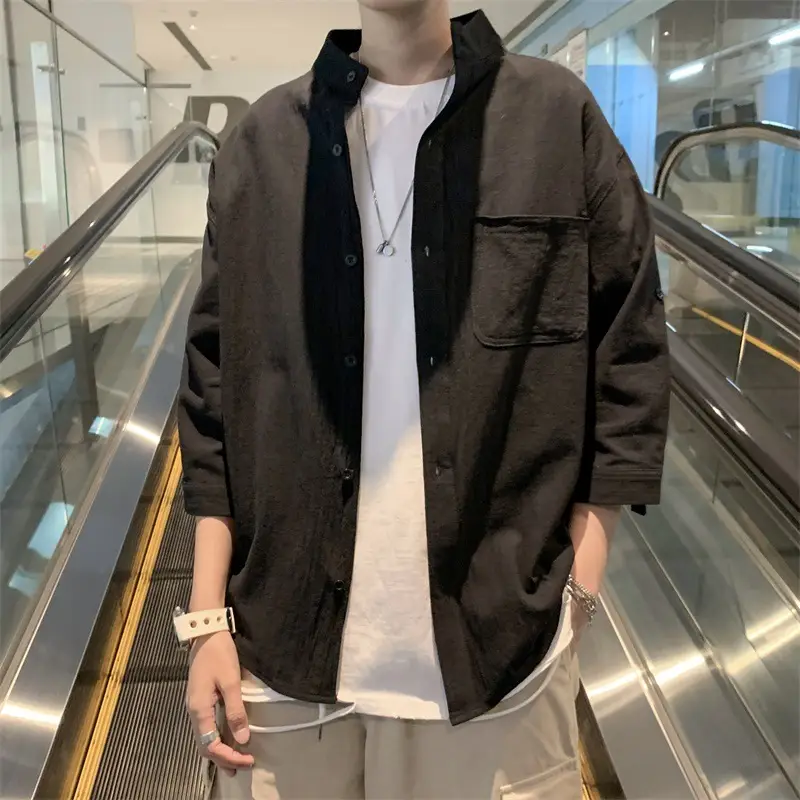 Men Linen Seven-Sleeve Shirt White Loose Casual All-Match - Image 2