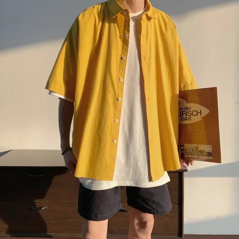 Men's Yellow Ruffian Short Sleeve Shirt with Button Front — feature 11