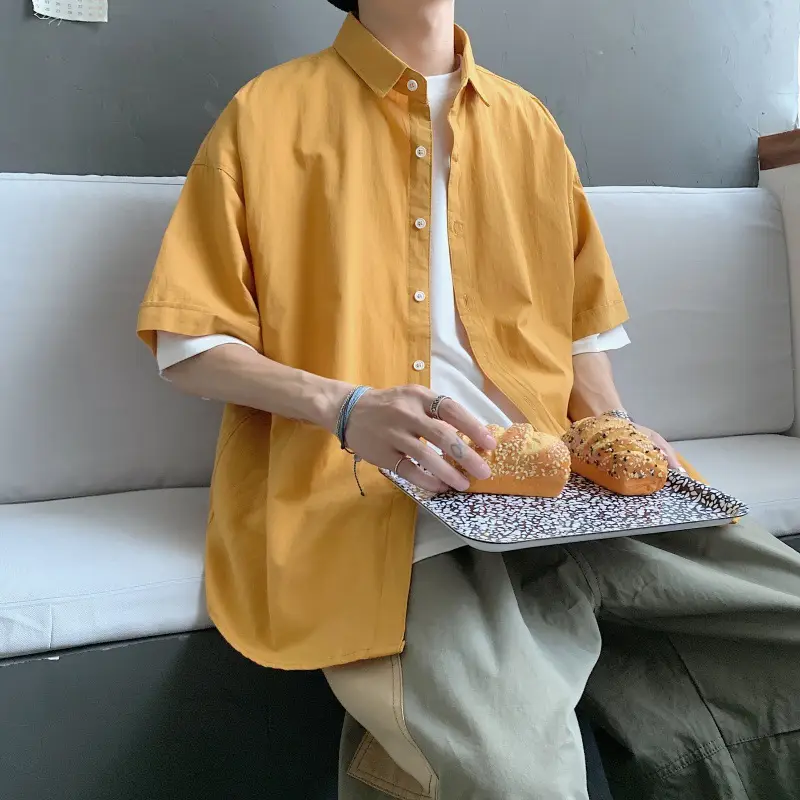 Men's Yellow Ruffian Short Sleeve Shirt with Button Front — feature 6