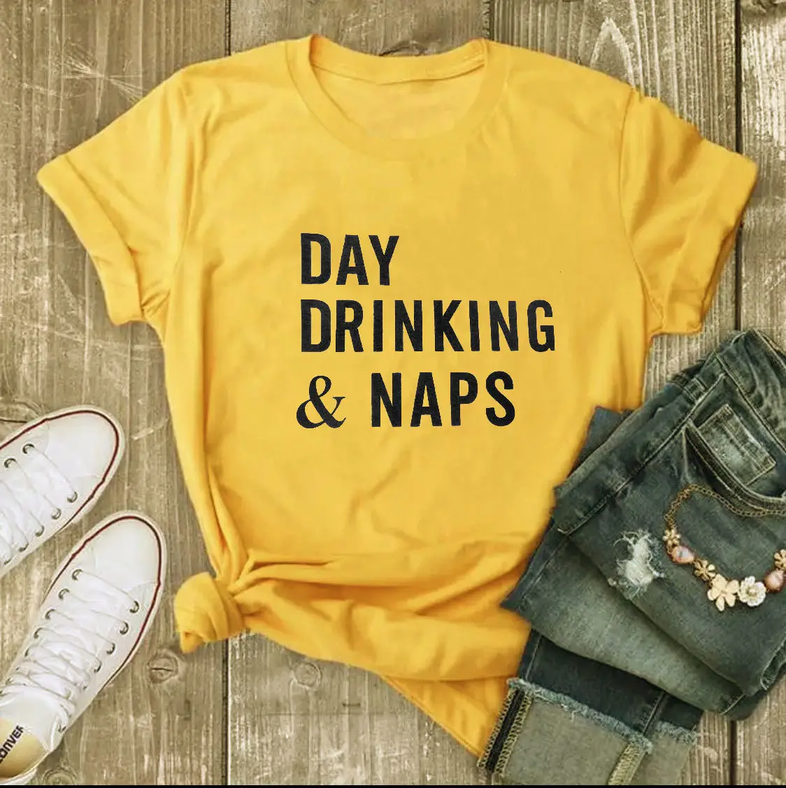 Day Drinking Naps Yellow Cotton T-Shirt - Image 5